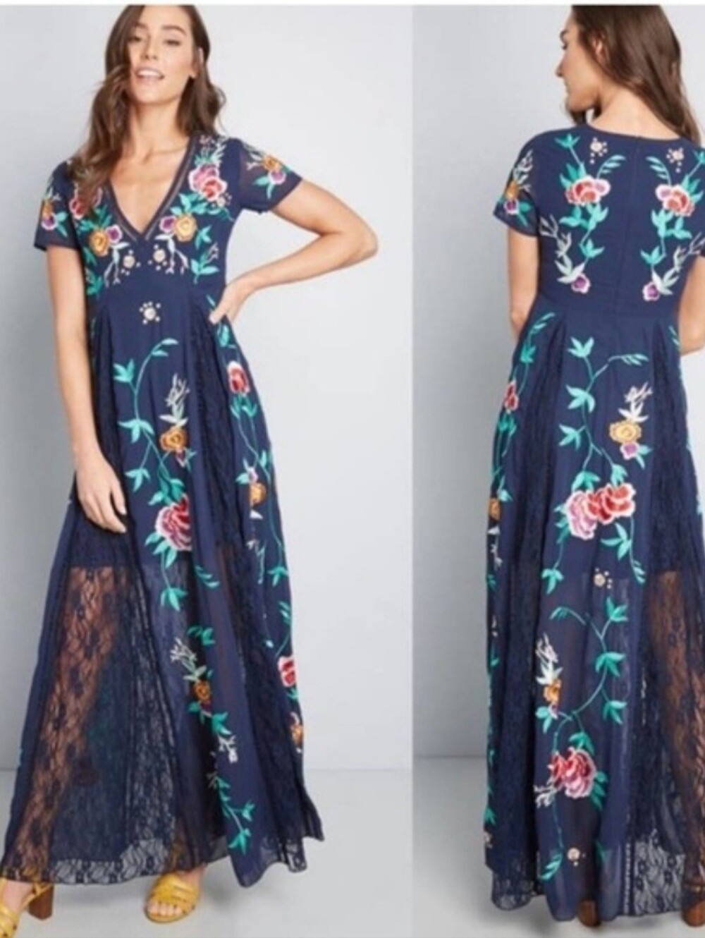 NWT Frock & Frill Floral Embroidered Navy Blue Lace Maxi Dress Size 14 MSRP $341